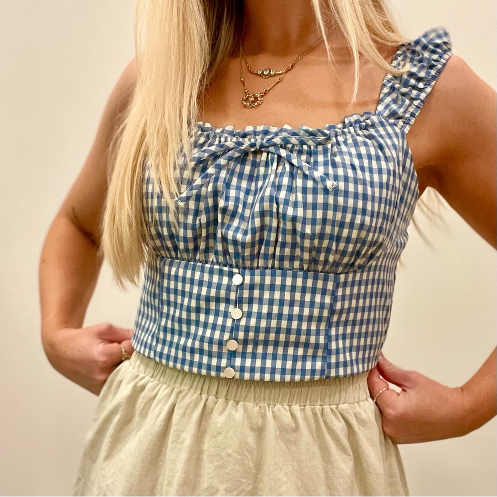 Gingham Ruffle Smocked Bow Cropped Tank in Sky Blue/White - M